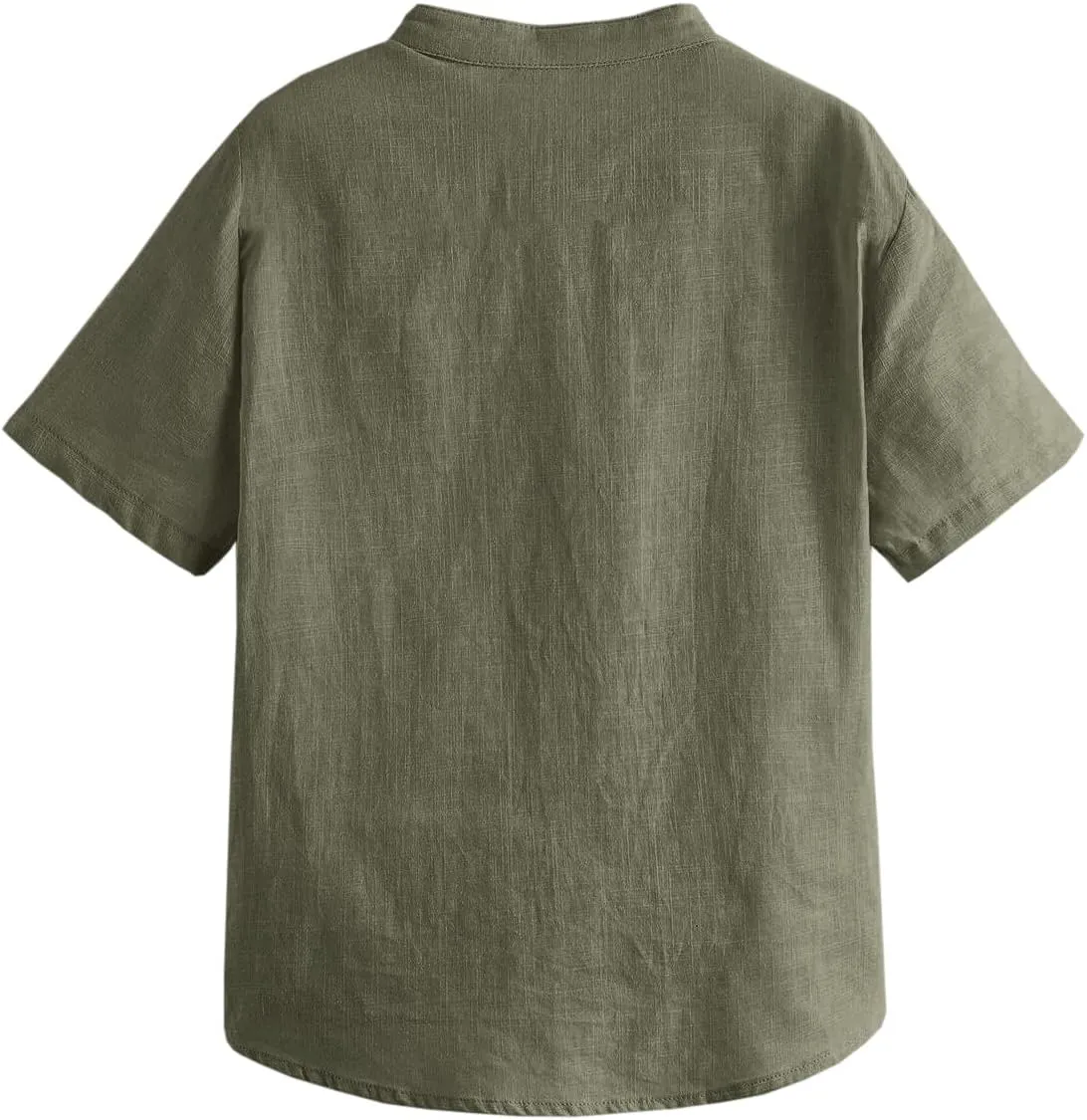 Inorin Boys Button Up Henley Shirt Short Sleeve Lightweight Summer Linen Cotton Dress Shirts Tees Tops with One Pocket