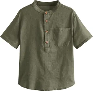 Inorin Boys Button Up Henley Shirt Short Sleeve Lightweight Summer Linen Cotton Dress Shirts Tees Tops with One Pocket