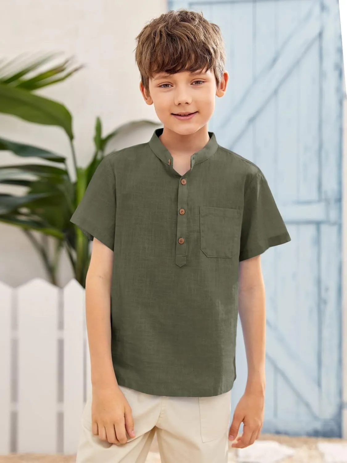 Inorin Boys Button Up Henley Shirt Short Sleeve Lightweight Summer Linen Cotton Dress Shirts Tees Tops with One Pocket