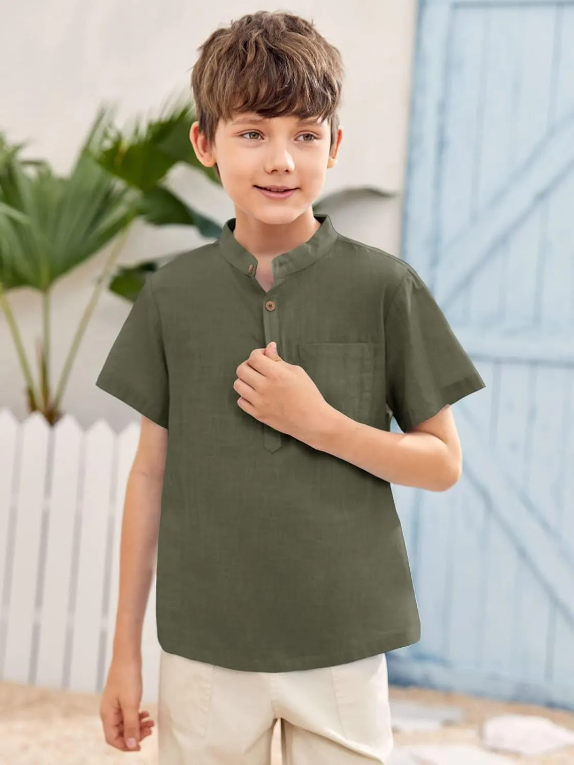 Inorin Boys Button Up Henley Shirt Short Sleeve Lightweight Summer Linen Cotton Dress Shirts Tees Tops with One Pocket