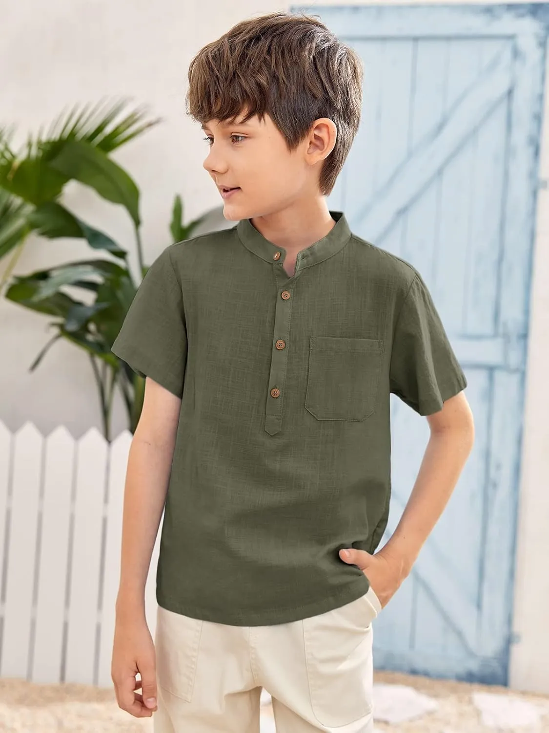 Inorin Boys Button Up Henley Shirt Short Sleeve Lightweight Summer Linen Cotton Dress Shirts Tees Tops with One Pocket