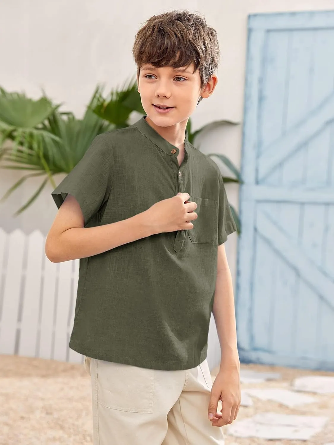Inorin Boys Button Up Henley Shirt Short Sleeve Lightweight Summer Linen Cotton Dress Shirts Tees Tops with One Pocket