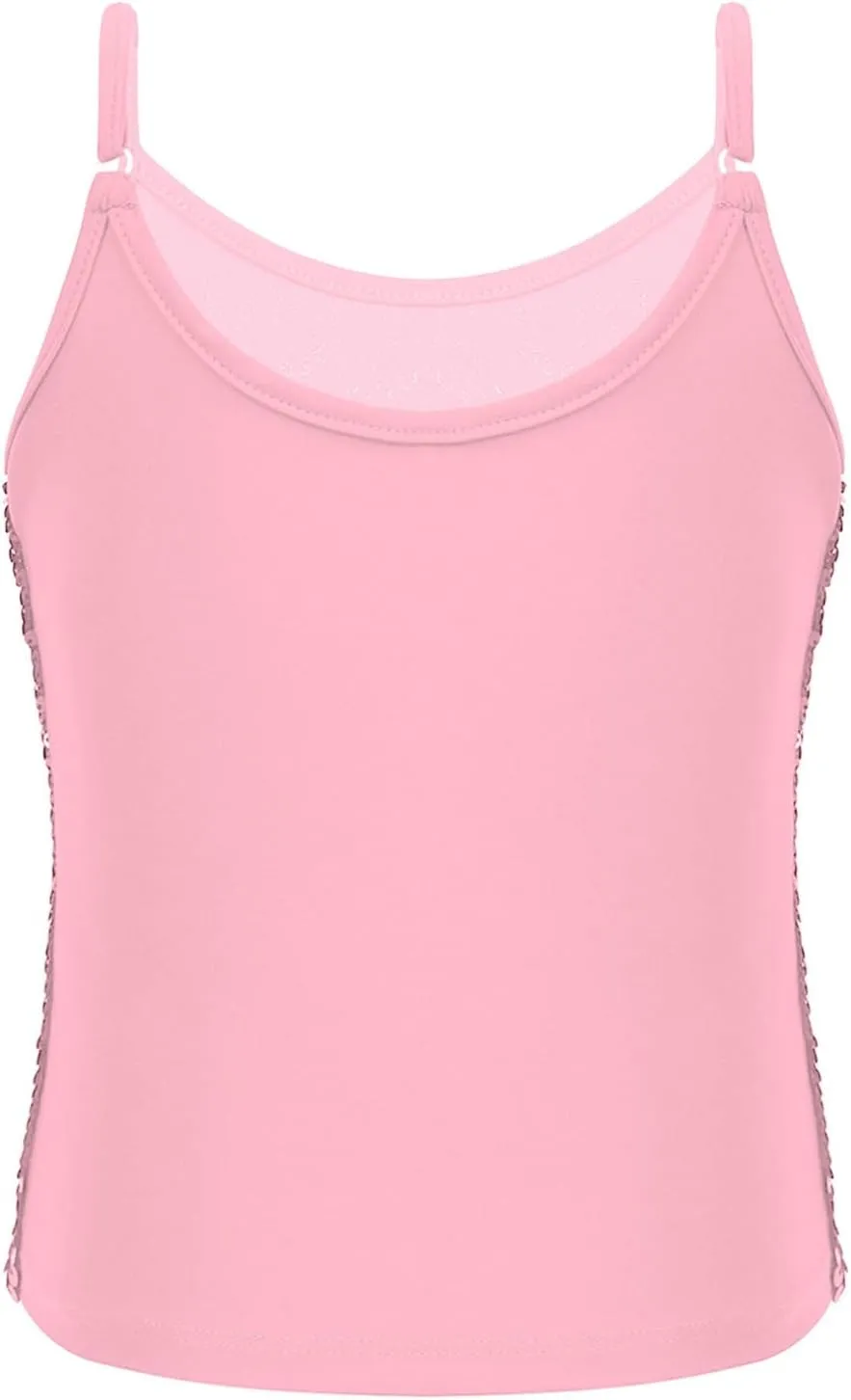 JEATHA Kids Girls Shiny Sequins Sleeveless Tank Top Stage Performance Camisole Shirts Dancewear
