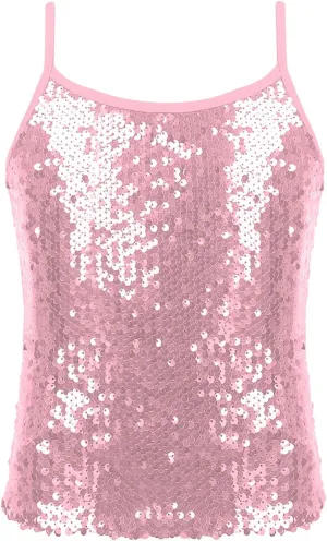 JEATHA Kids Girls Shiny Sequins Sleeveless Tank Top Stage Performance Camisole Shirts Dancewear