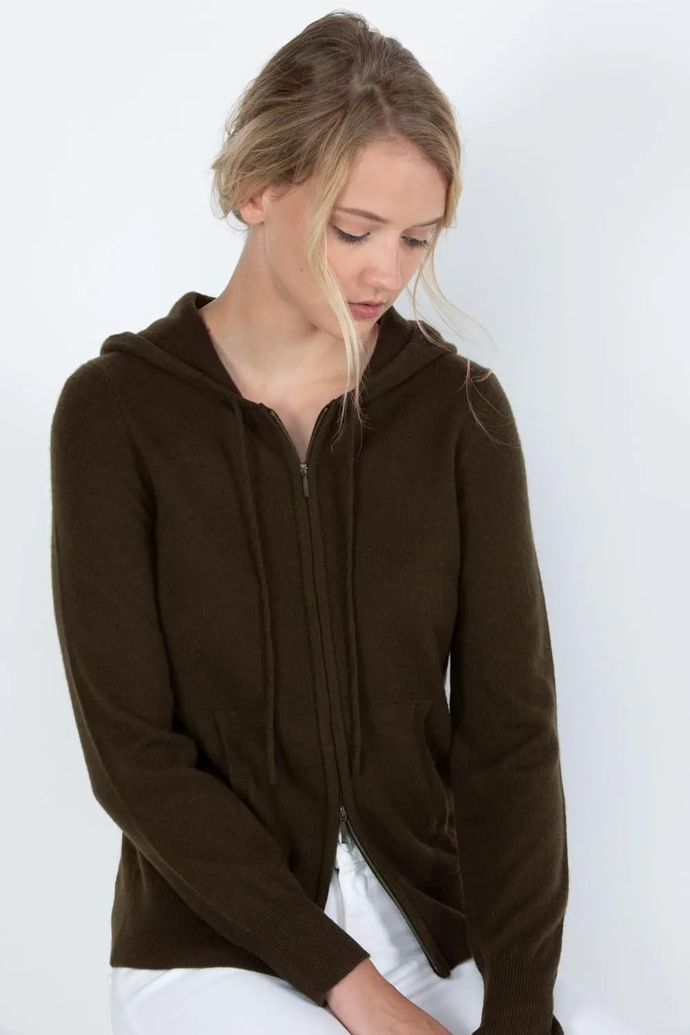 JENNIE LIU Women's 100% Pure Cashmere Long Sleeve Zip Hoodie Cardigan Sweater