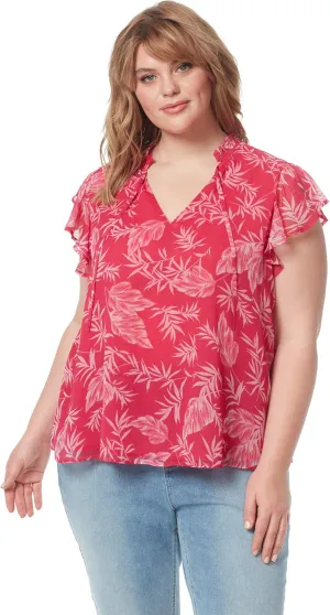 Jessica Simpson Women's Alaina Flutter Sleeve Ruffle Collar Pullover Top Plus Size