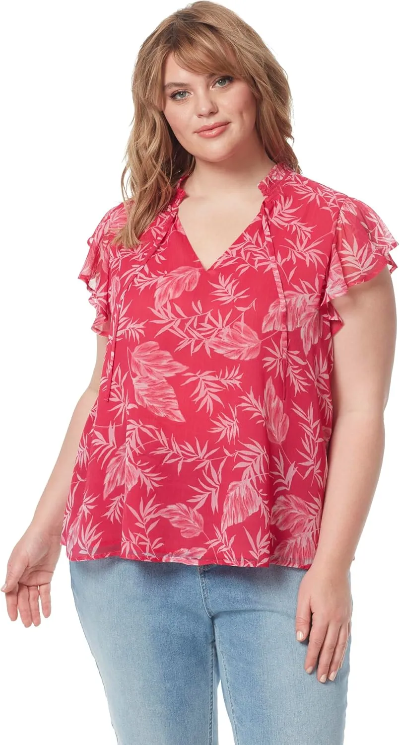 Jessica Simpson Women's Alaina Flutter Sleeve Ruffle Collar Pullover Top Plus Size