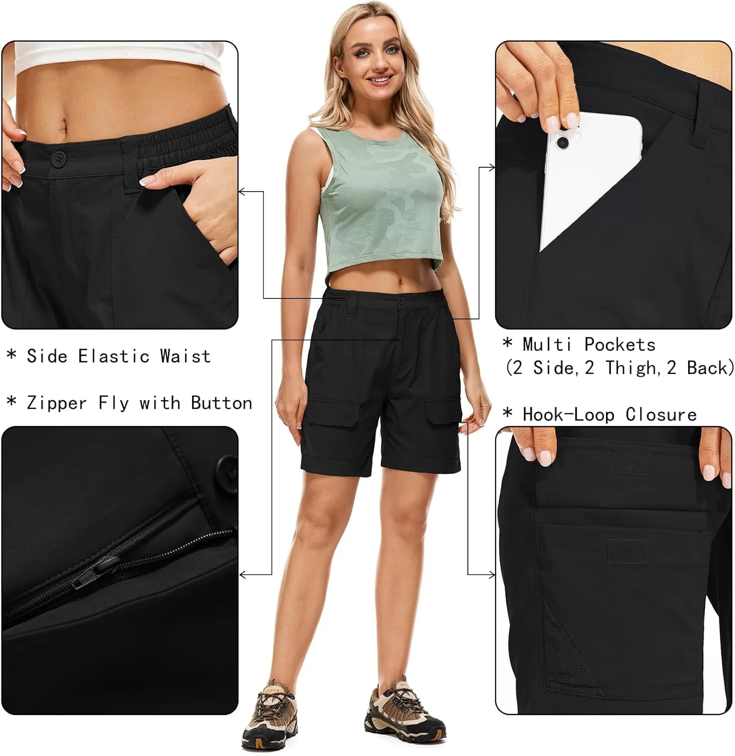 Jessie Kidden Womens Stretch Cargo Hiking Shorts Quick Dry Elastic Waist 7" Casual Shorts for Women