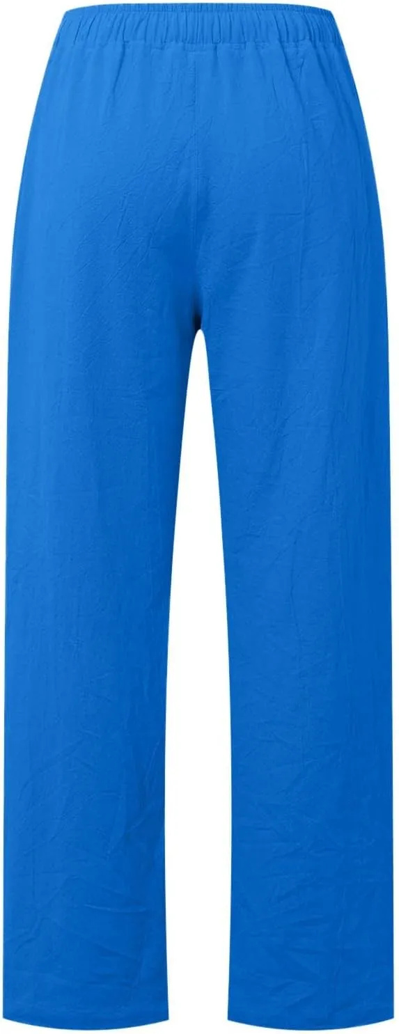 JiXiang Women Linen Pants Summer Wide Leg Casual Loose Drawstring High Waist Palazzo Pants Trousers with Pockets
