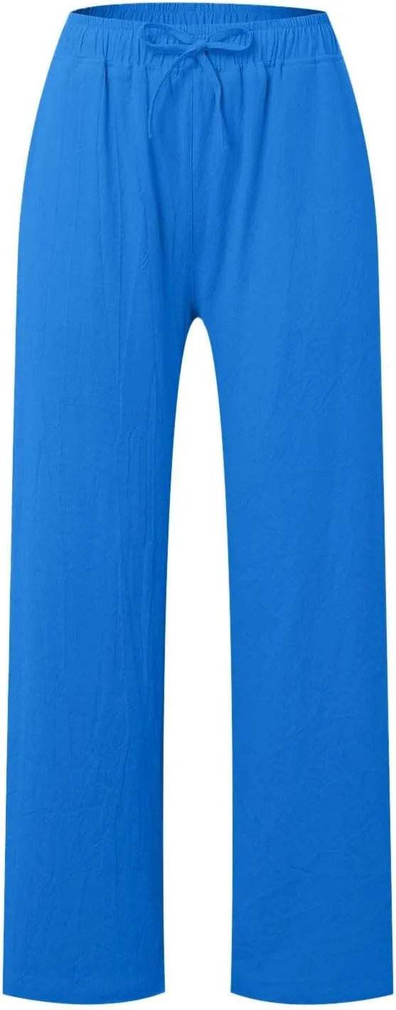 JiXiang Women Linen Pants Summer Wide Leg Casual Loose Drawstring High Waist Palazzo Pants Trousers with Pockets