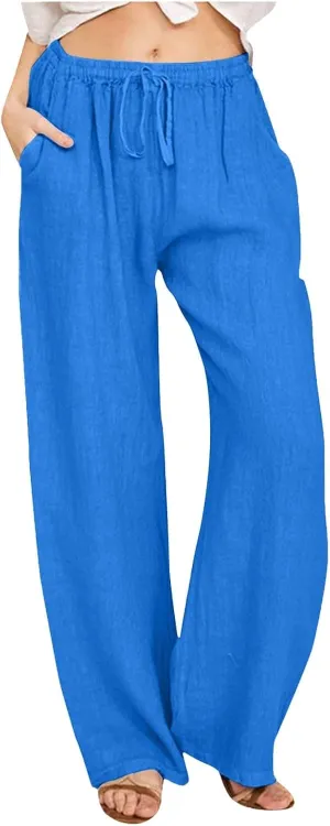 JiXiang Women Linen Pants Summer Wide Leg Casual Loose Drawstring High Waist Palazzo Pants Trousers with Pockets