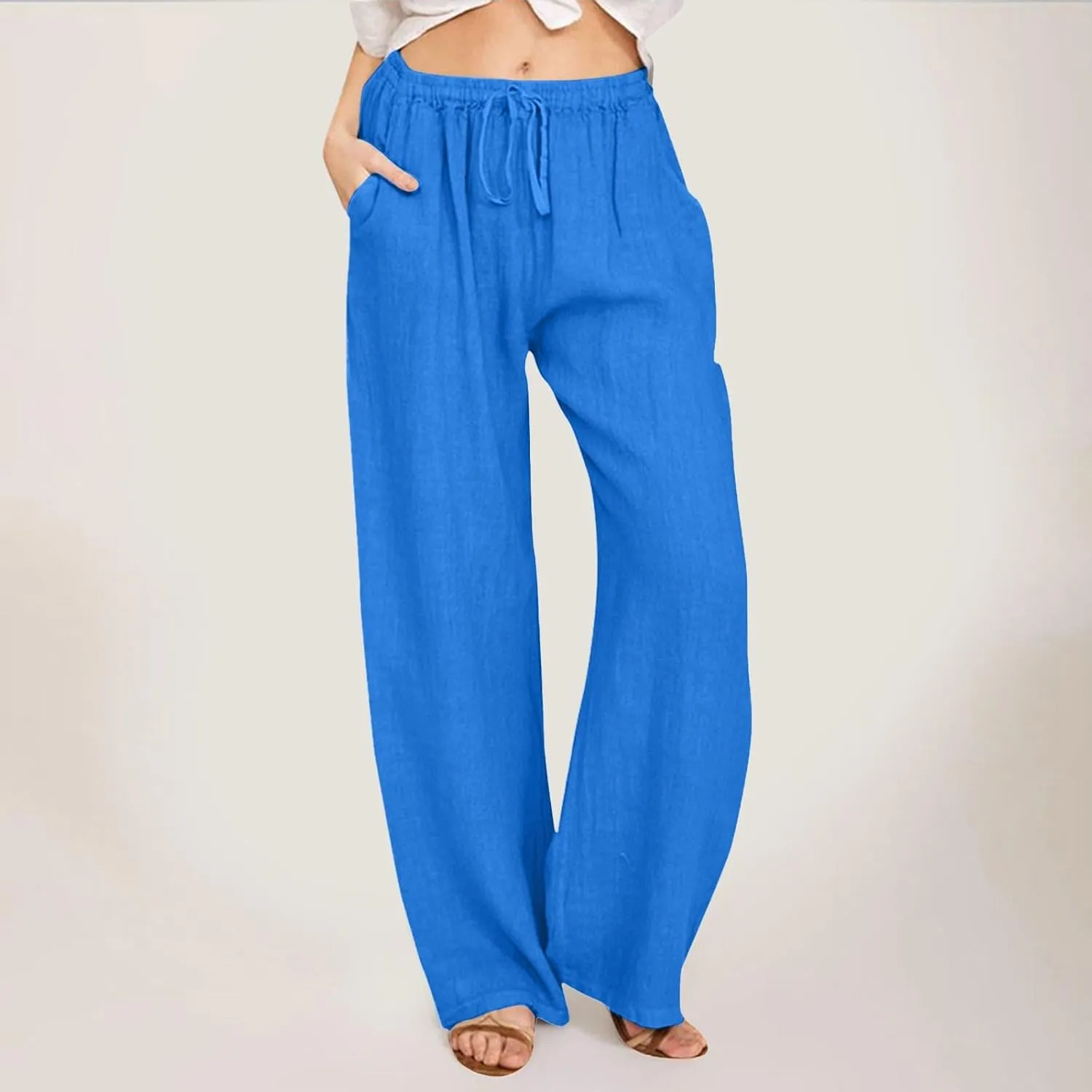 JiXiang Women Linen Pants Summer Wide Leg Casual Loose Drawstring High Waist Palazzo Pants Trousers with Pockets