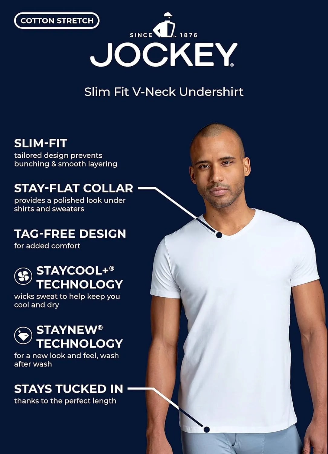 Jockey Men's Undershirt Slim Fit Cotton Stretch V-Neck Undershirt - 2 Pack