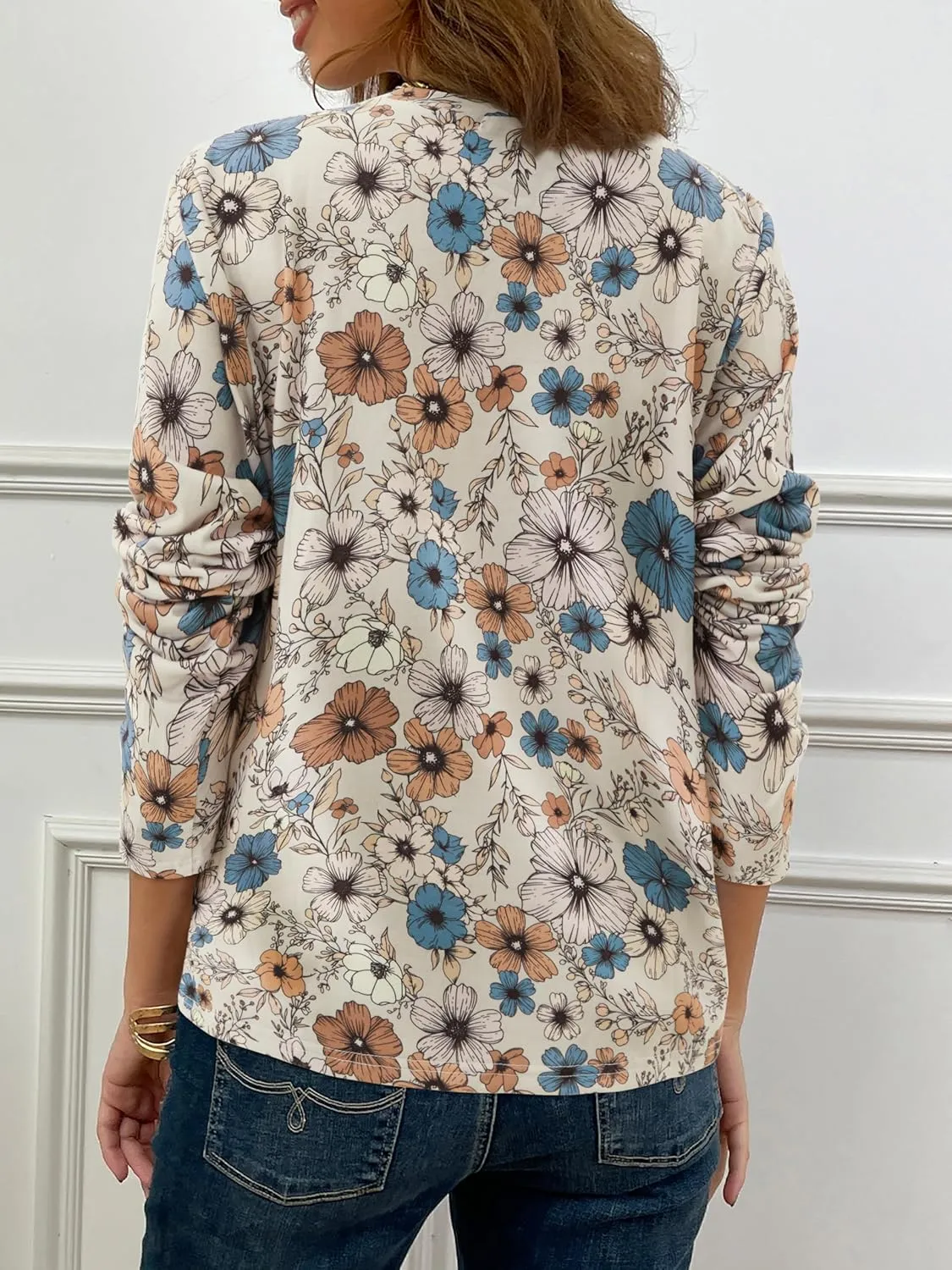 JUSTFASHIONNOW Womens Long Sleeve Tops Casual Shirts for Women Summer Flower Printed T Shirt Crewneck Floral Tee