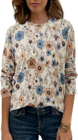 JUSTFASHIONNOW Womens Long Sleeve Tops Casual Shirts for Women Summer Flower Printed T Shirt Crewneck Floral Tee