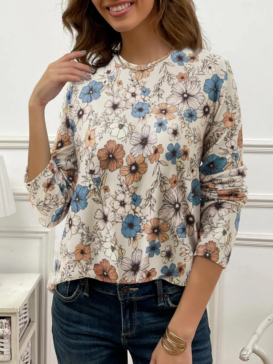 JUSTFASHIONNOW Womens Long Sleeve Tops Casual Shirts for Women Summer Flower Printed T Shirt Crewneck Floral Tee