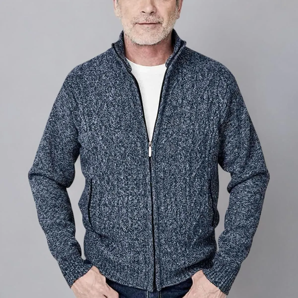 JYG Cardigan Sweaters for Men Full Zip Fleece Lined Up Stand Collar Slim Fit Knitted Sweater with 2 Front Pockets