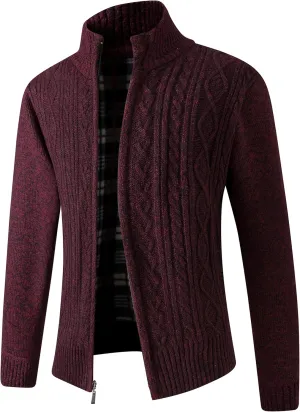 JYG Cardigan Sweaters for Men Full Zip Fleece Lined Up Stand Collar Slim Fit Knitted Sweater with 2 Front Pockets