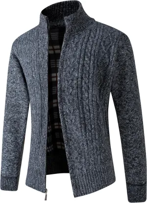 JYG Cardigan Sweaters for Men Full Zip Fleece Lined Up Stand Collar Slim Fit Knitted Sweater with 2 Front Pockets