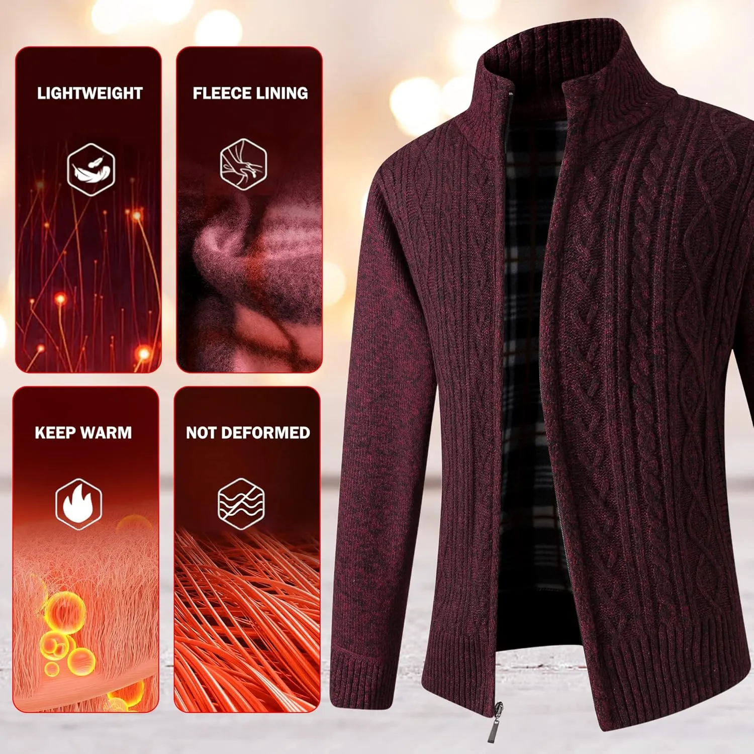 JYG Cardigan Sweaters for Men Full Zip Fleece Lined Up Stand Collar Slim Fit Knitted Sweater with 2 Front Pockets