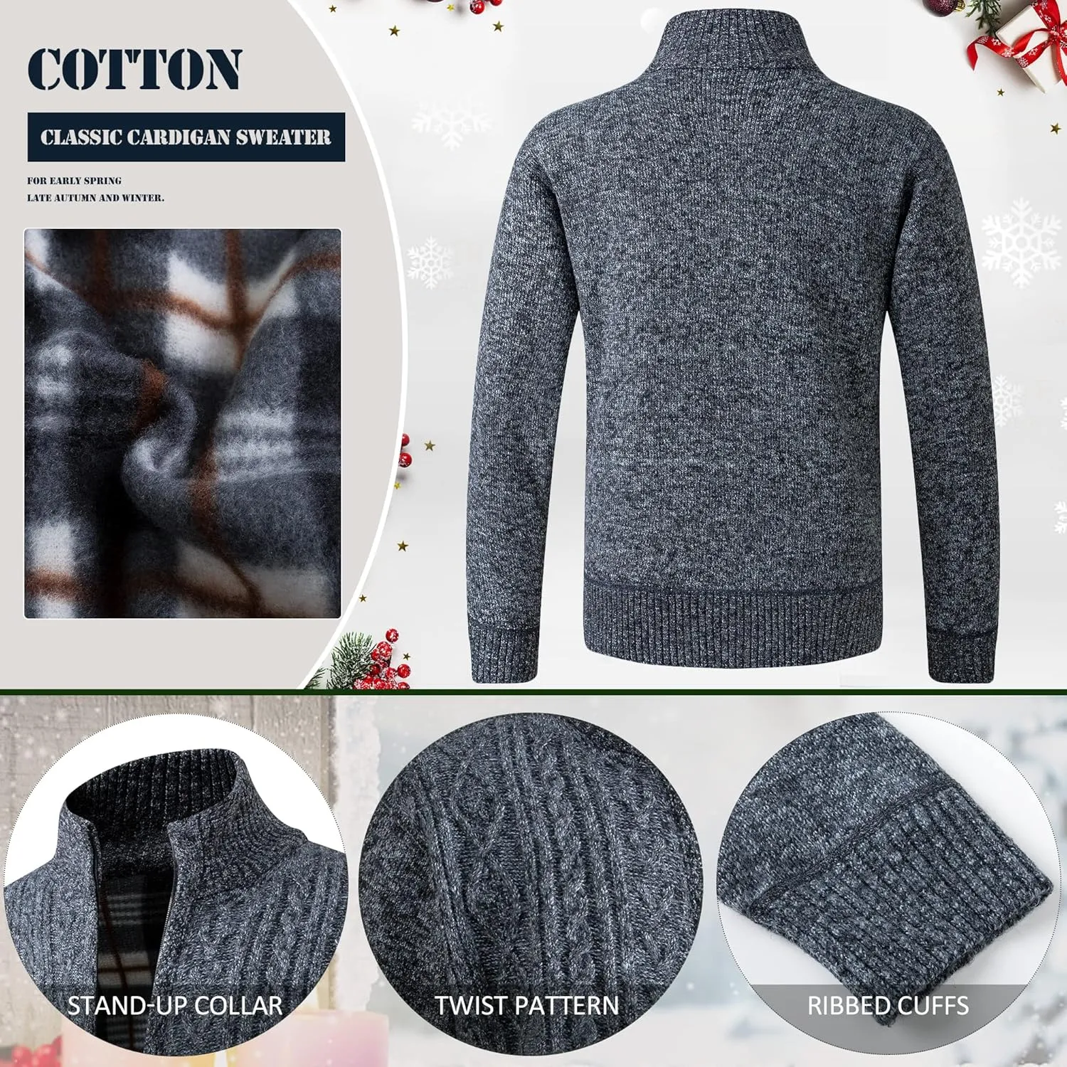 JYG Cardigan Sweaters for Men Full Zip Fleece Lined Up Stand Collar Slim Fit Knitted Sweater with 2 Front Pockets