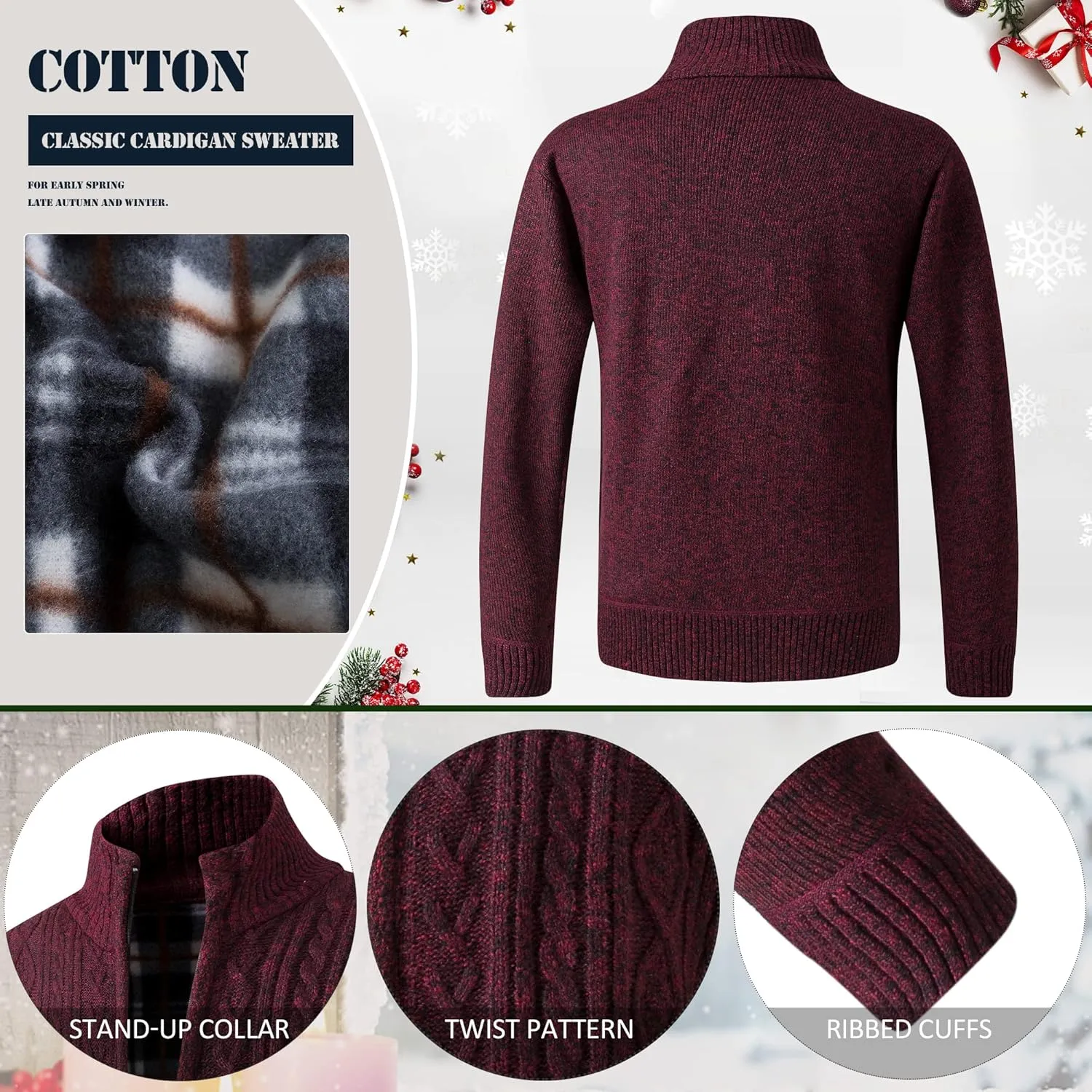 JYG Cardigan Sweaters for Men Full Zip Fleece Lined Up Stand Collar Slim Fit Knitted Sweater with 2 Front Pockets