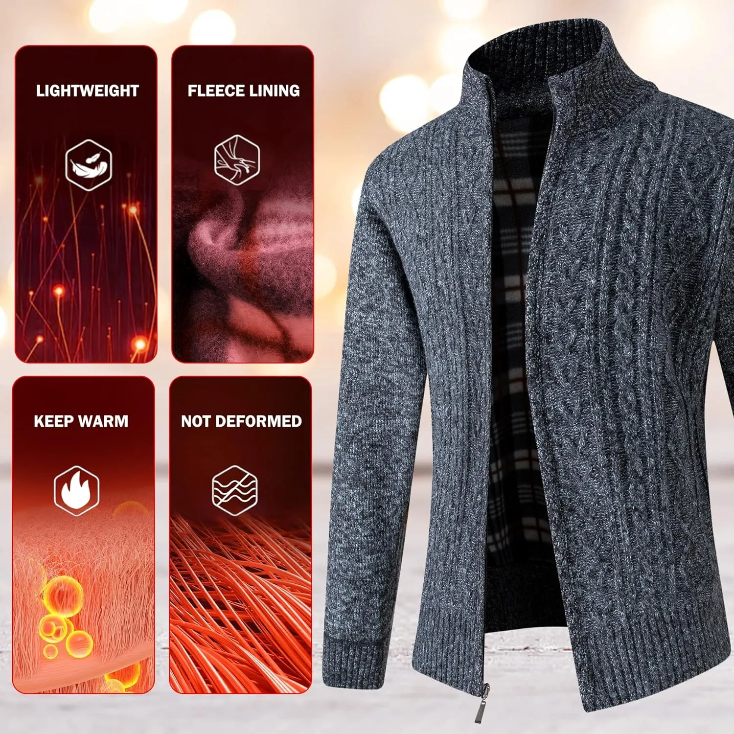 JYG Cardigan Sweaters for Men Full Zip Fleece Lined Up Stand Collar Slim Fit Knitted Sweater with 2 Front Pockets
