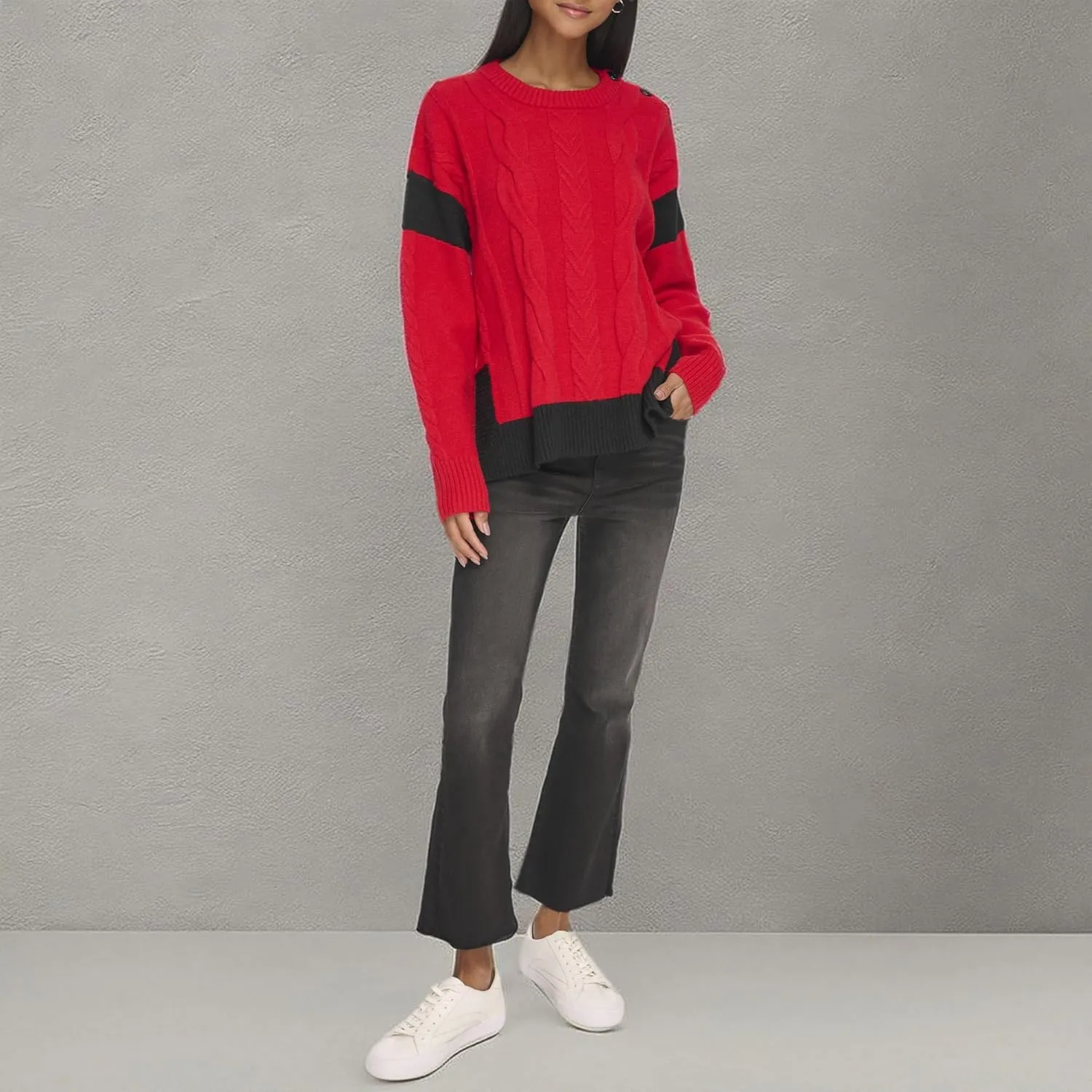 Karl Lagerfeld Paris Women's Long Sleeve Cable Sweater