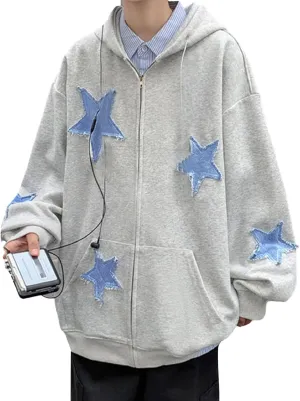 Karwuiio Women Y2k Zip Up Hoodies Star Graphic Long Sleeve Jackets Hip Hop Harajuku Oversized Hooded Sweatshirt