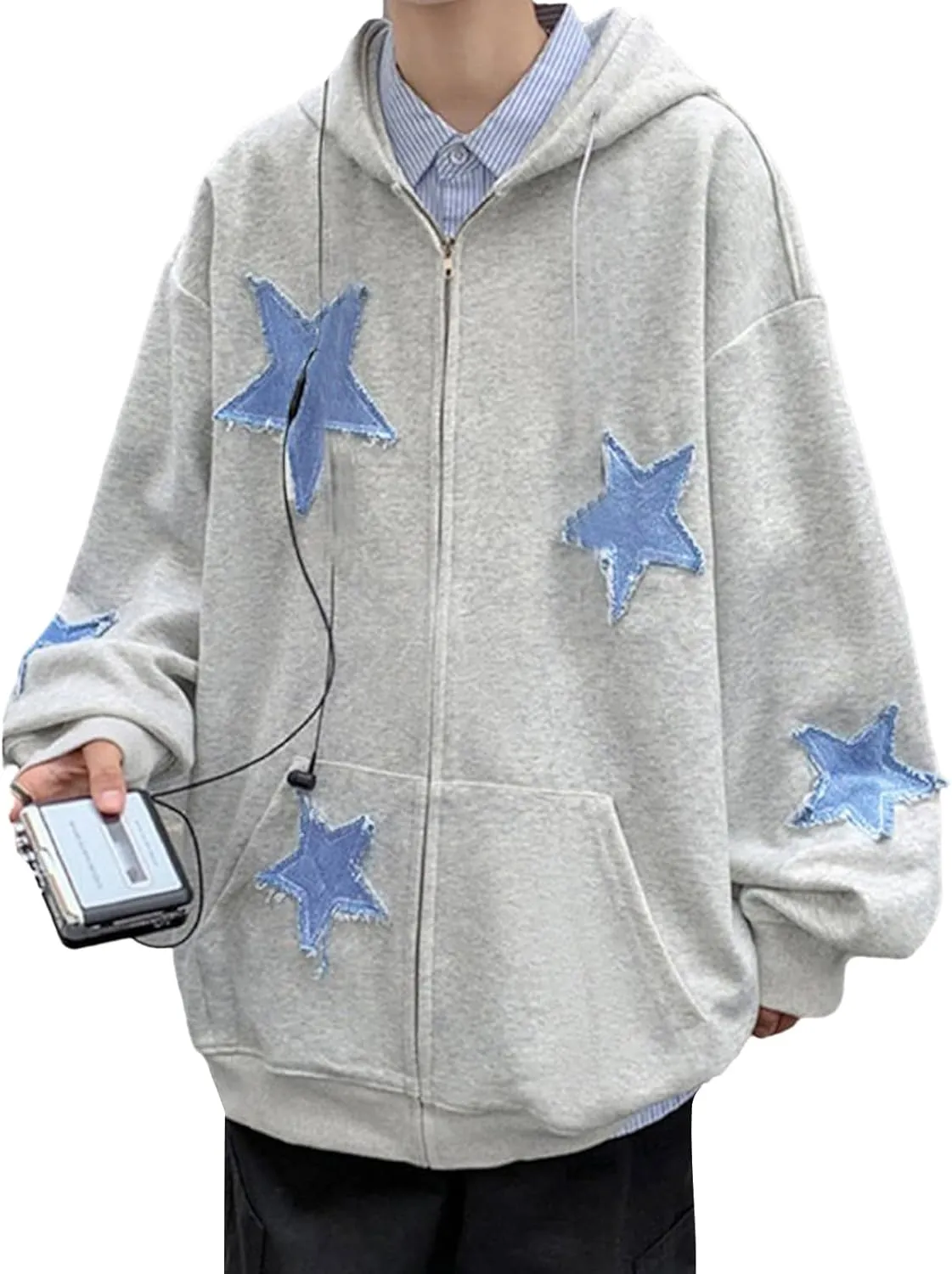 Karwuiio Women Y2k Zip Up Hoodies Star Graphic Long Sleeve Jackets Hip Hop Harajuku Oversized Hooded Sweatshirt