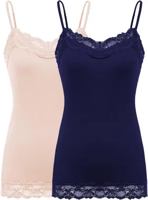 Kate Kasin Women's Adjustable Spaghetti Strap Lace Trim Cami Tunic Tank Top 2PACK