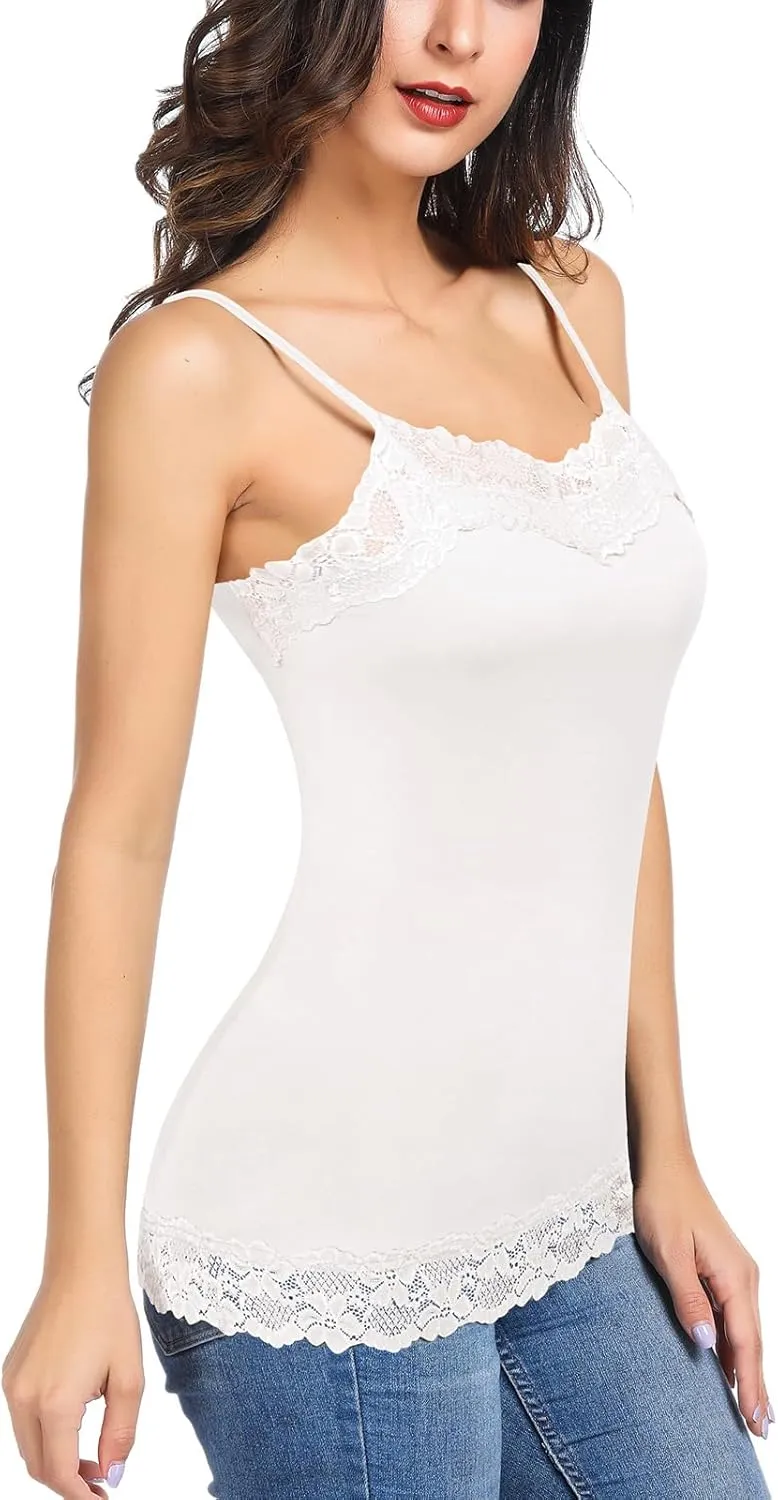 Kate Kasin Women's Adjustable Spaghetti Strap Lace Trim Cami Tunic Tank Top
