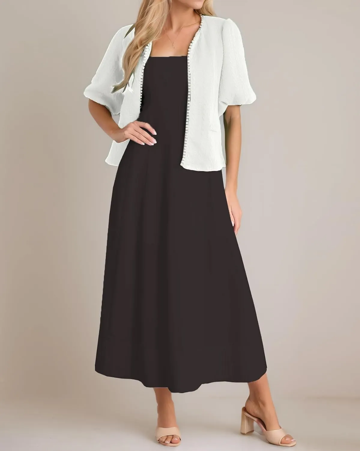Kedera Puff Short Sleeve Tweed Jacket Women Cropped Jackets Summer Open Front Elegant Trimmed Cardigans with Pearls