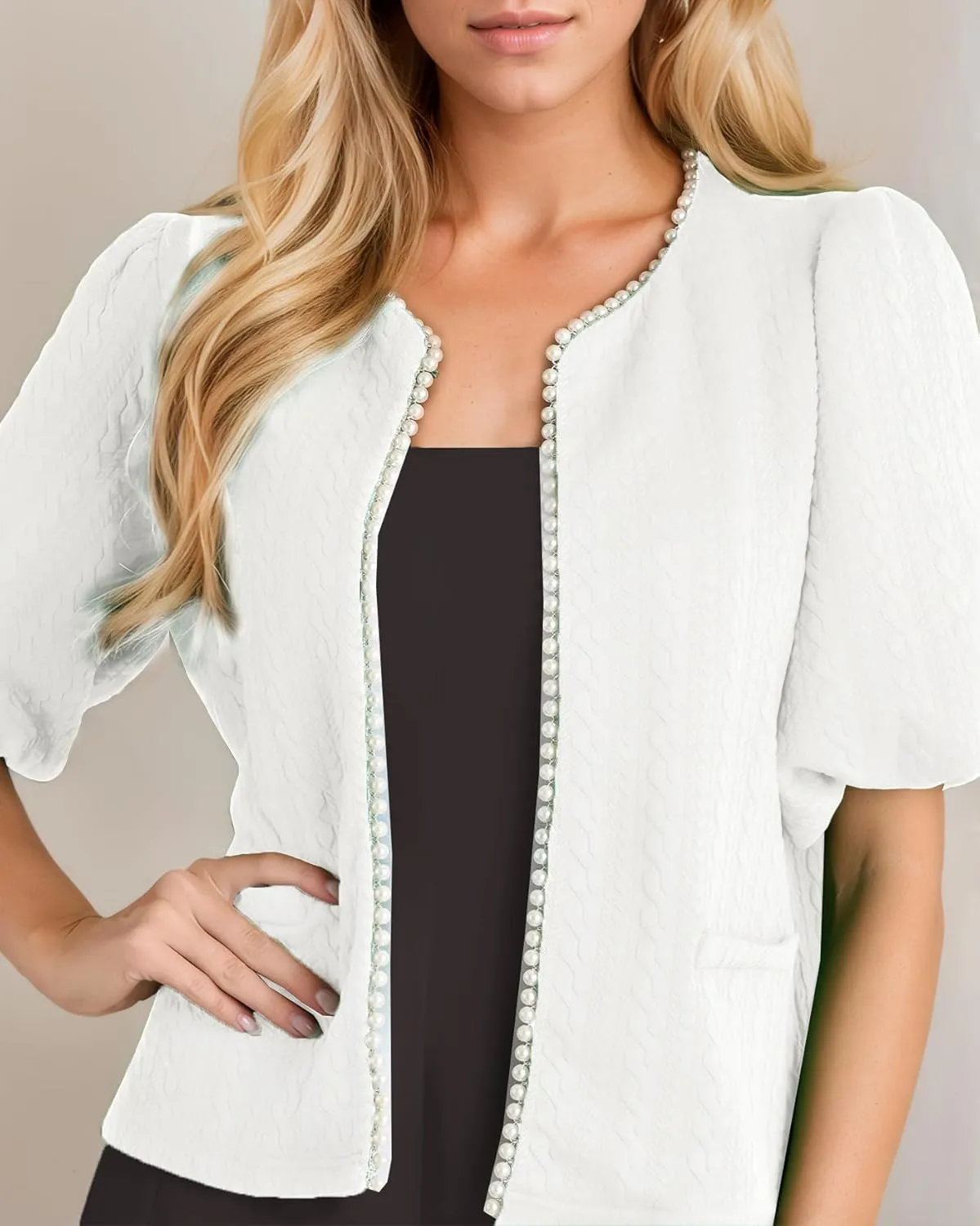 Kedera Puff Short Sleeve Tweed Jacket Women Cropped Jackets Summer Open Front Elegant Trimmed Cardigans with Pearls