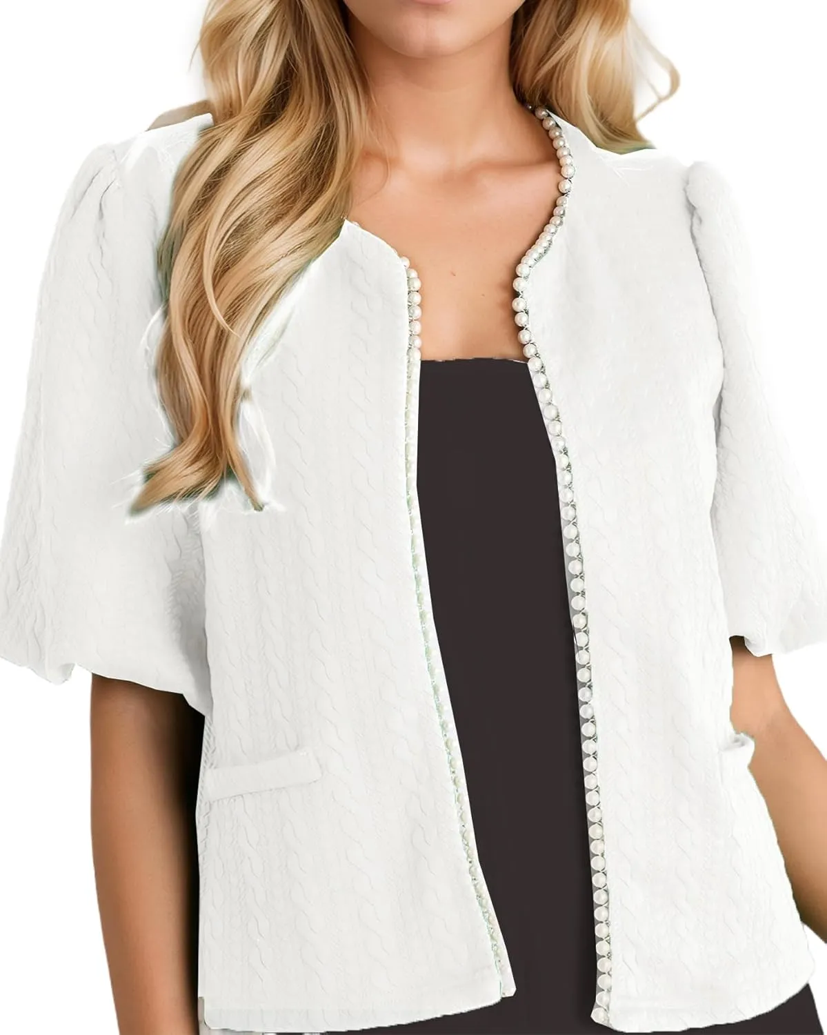 Kedera Puff Short Sleeve Tweed Jacket Women Cropped Jackets Summer Open Front Elegant Trimmed Cardigans with Pearls