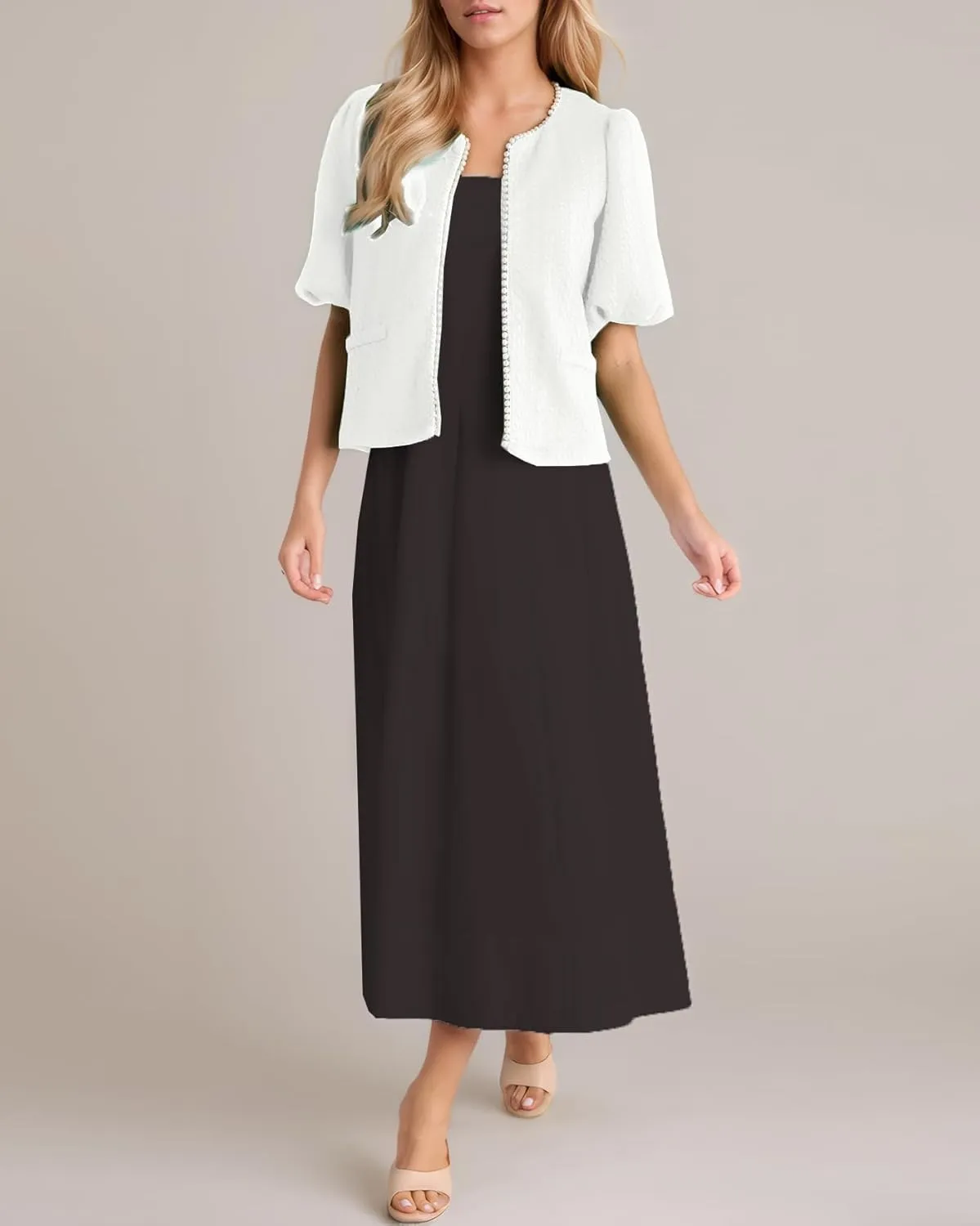 Kedera Puff Short Sleeve Tweed Jacket Women Cropped Jackets Summer Open Front Elegant Trimmed Cardigans with Pearls