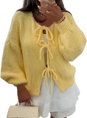 Kissonic Women's Tie Front Bow Cardigan Sweaters Y2K Bow Puff Long Sleeve Jacket 2024 Fall Trendy Tops