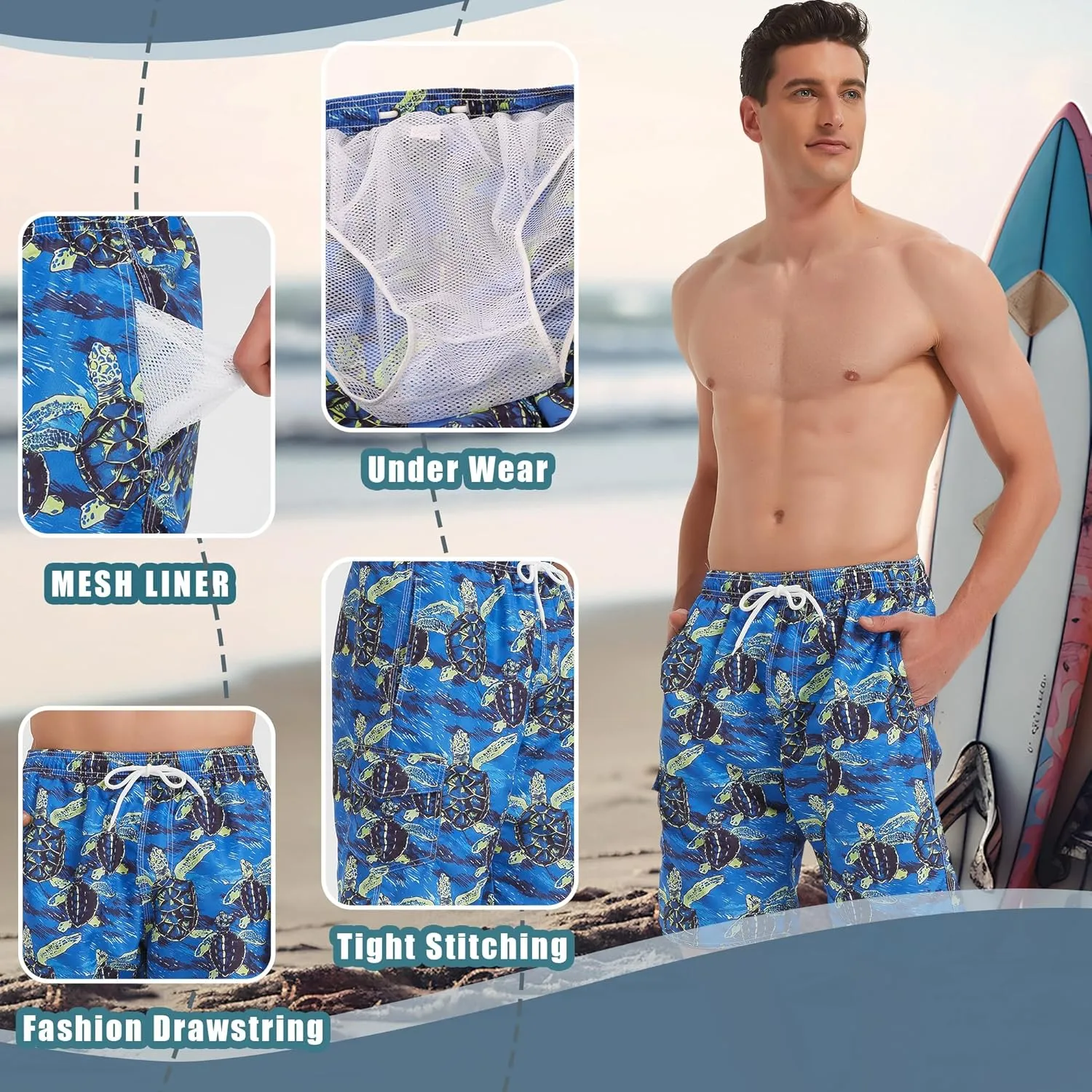 Landisun Mens Swim Trunks Board Shorts Swimsuit Swimwear Swim Shorts Bathing Suits Quick Dry with Mesh Lining