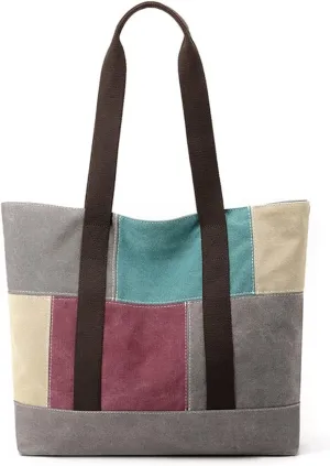 Large Capacity Top Handle Retro Hobo Women's Canvas Handbag Casual Shoulder Patchwork Tote
