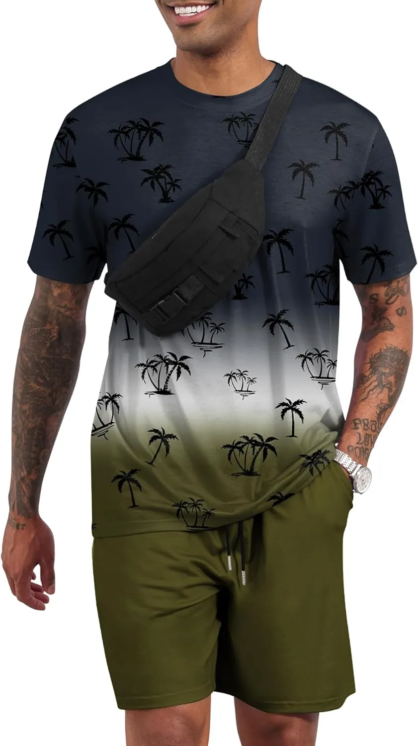 LecGee Men's 2 Piece Short Sleeve Tracksuit Tropical Graphic T Shirt Hawaiian Tee Solid Shorts Set Summer Casual Outfits