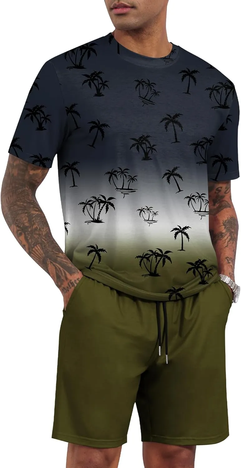 LecGee Men's 2 Piece Short Sleeve Tracksuit Tropical Graphic T Shirt Hawaiian Tee Solid Shorts Set Summer Casual Outfits