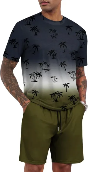 LecGee Men's 2 Piece Short Sleeve Tracksuit Tropical Graphic T Shirt Hawaiian Tee Solid Shorts Set Summer Casual Outfits