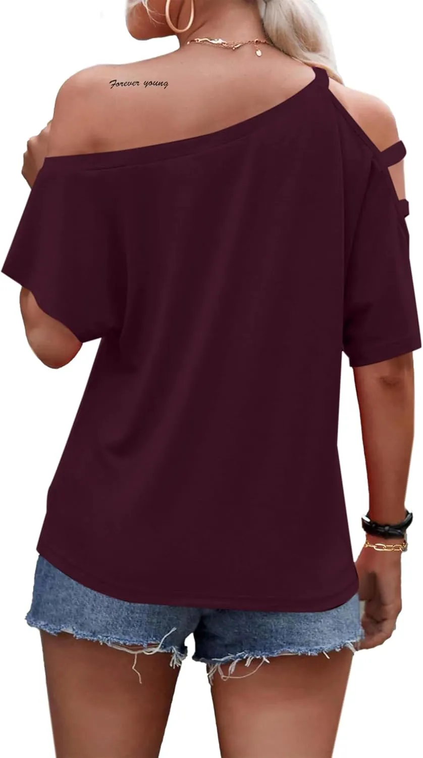 LilyCoco Women's Off The Shoulder Top Short Sleeve Cutout Asymmetrical Neck T Shirt