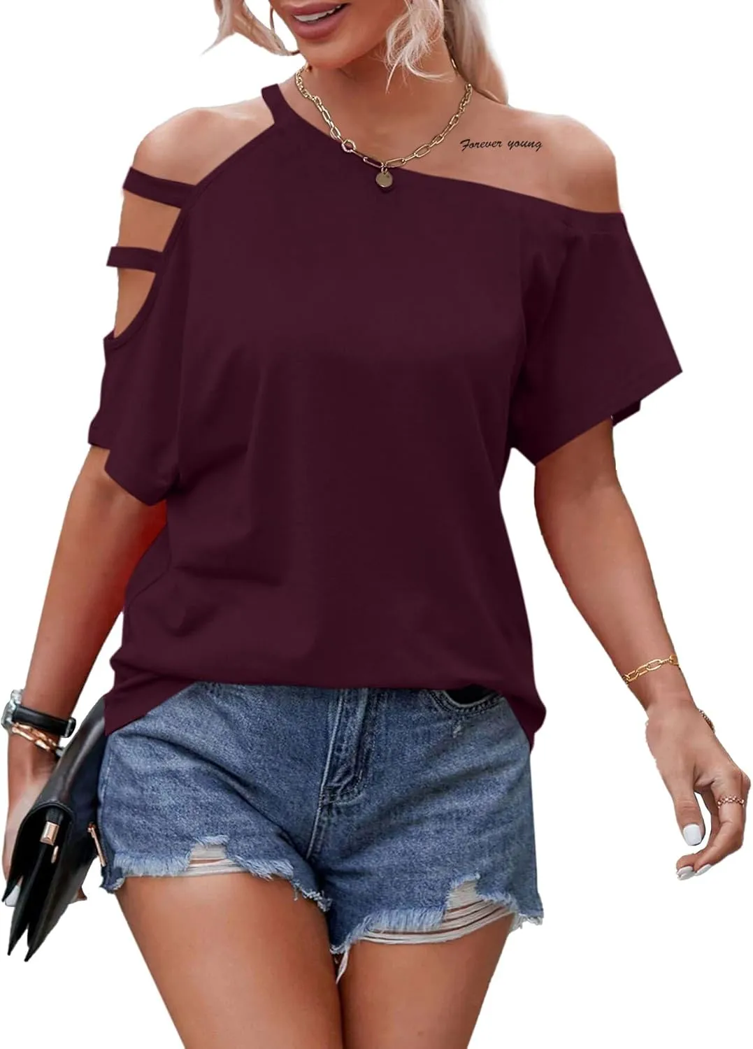 LilyCoco Women's Off The Shoulder Top Short Sleeve Cutout Asymmetrical Neck T Shirt