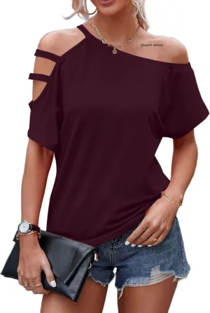 LilyCoco Women's Off The Shoulder Top Short Sleeve Cutout Asymmetrical Neck T Shirt