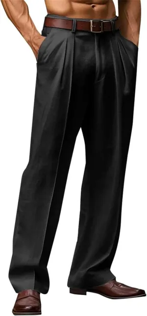 Linen Dress Pants Men Plain Front Pleated Pant Summer Outdoor Vacation Beach Lightweight Trousers Open Bottom Slacks