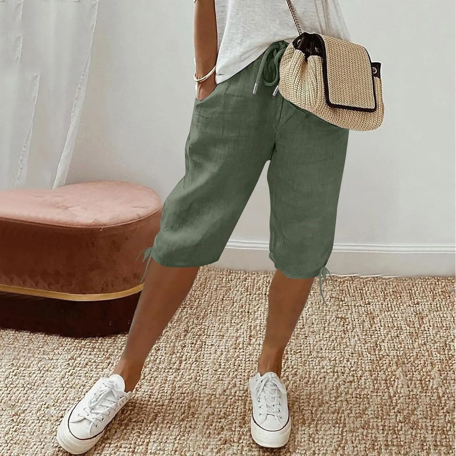 Linen Pants for Women Solid Color Casual Side Lace Summer Drawstring Pants with Pocket for Beach Vacations