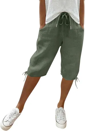 Linen Pants for Women Solid Color Casual Side Lace Summer Drawstring Pants with Pocket for Beach Vacations