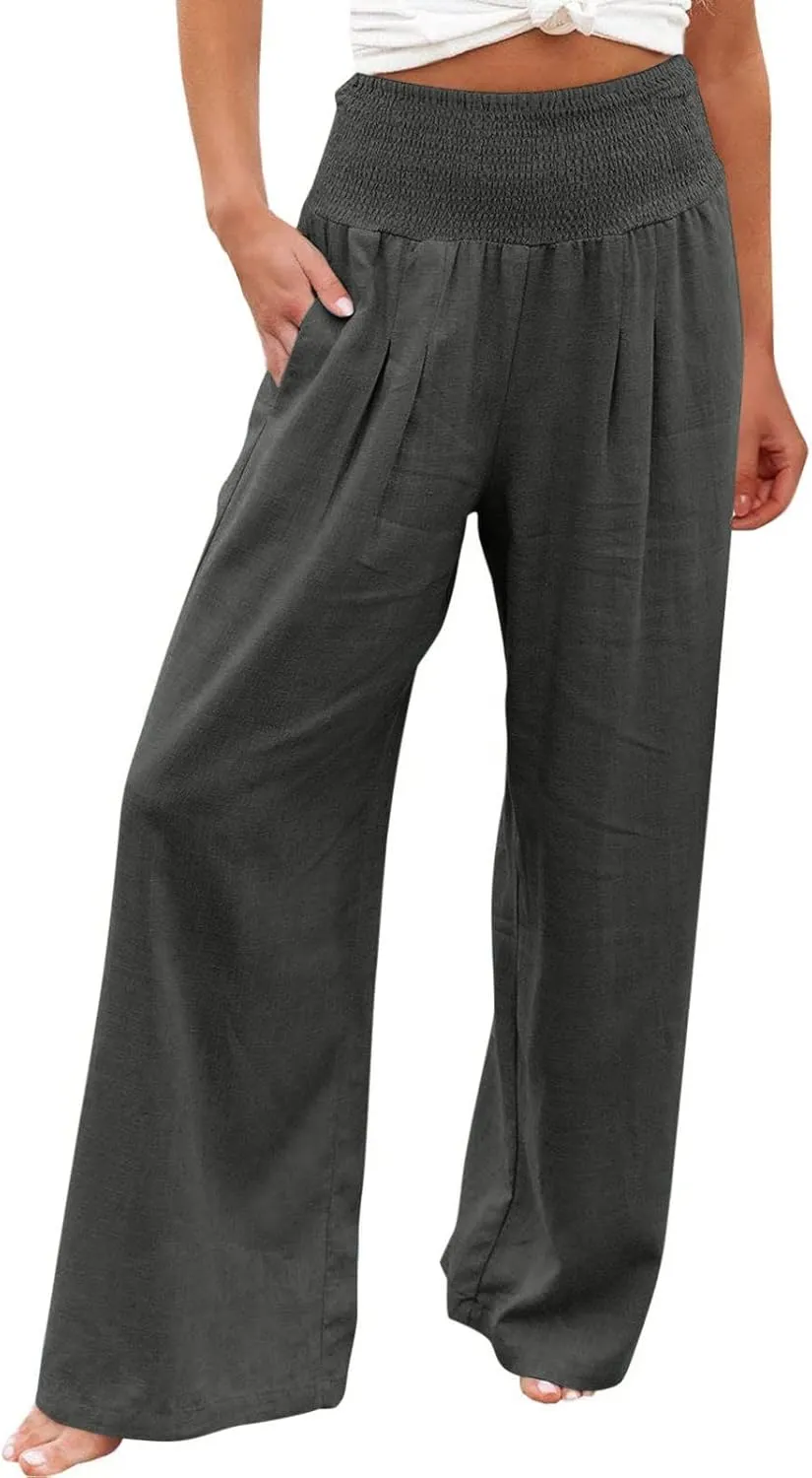 Linen Pants Women Casual Plus Size Summer Wide Leg Pants Beach Boho Wide Leg High Waist Pants Travel Vacation Outfits