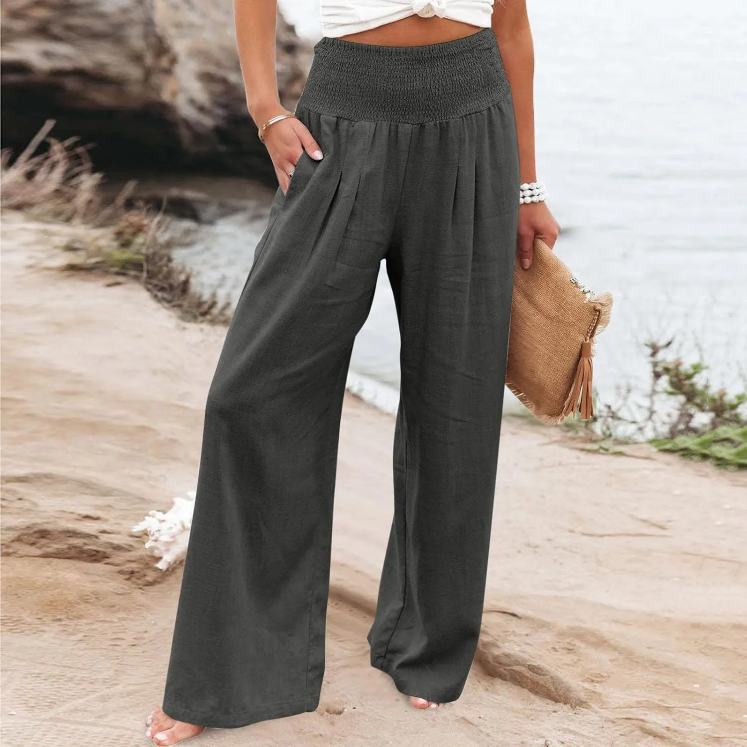 Linen Pants Women Casual Plus Size Summer Wide Leg Pants Beach Boho Wide Leg High Waist Pants Travel Vacation Outfits